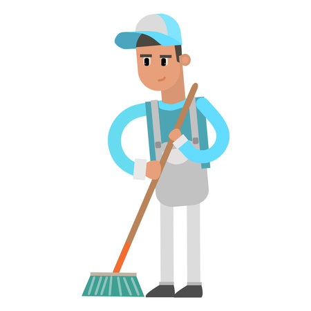 Vector illustration of a cleaning man in uniform with a broom. Flat style.のイラスト素材
