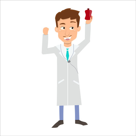 Doctor holding a bottle of blood. Vector illustration in cartoon style.のイラスト素材