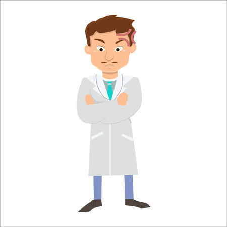 Doctor in white coat standing with crossed arms. Vector illustration in cartoon styleのイラスト素材