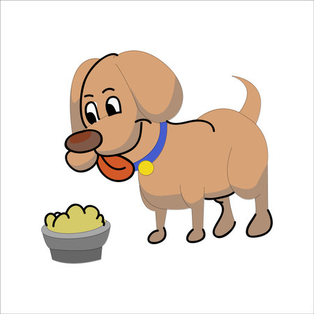 Cute cartoon dog with a bowl of food. Vector illustration.のイラスト素材