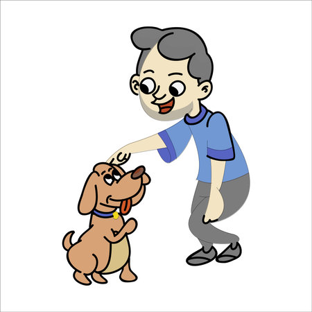 Vector illustration of a boy playing with a dog on a white backgroundのイラスト素材