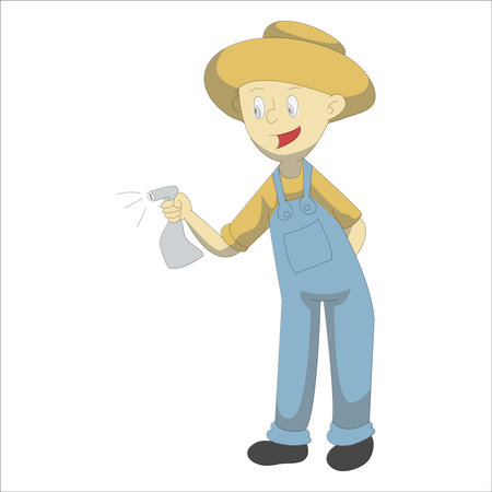 Illustration of a cartoon farmer with sprayer on white background.のイラスト素材