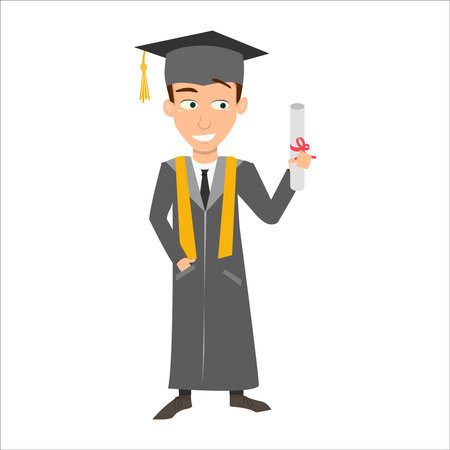 Happy man in graduation gown holding diploma. Vector illustration in flat styleのイラスト素材