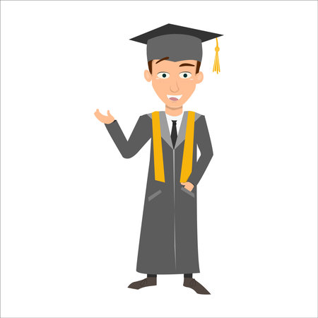 Graduate boy in mantle and cap, vector illustration isolated on white background.のイラスト素材