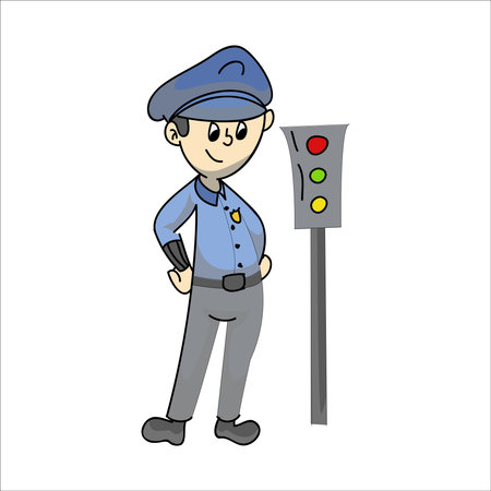 Police officer with traffic light on white background. Cartoon vector illustration.のイラスト素材