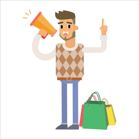 Man with shopping bags and megaphone. Vector illustration in flat styleのイラスト素材