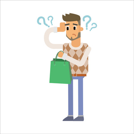 Man with shopping bag and question mark. Vector flat cartoon illustration.のイラスト素材