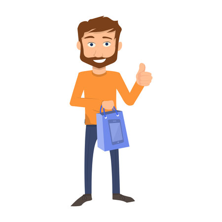 Young man holding shopping bags and showing thumbs up. Vector illustration.のイラスト素材