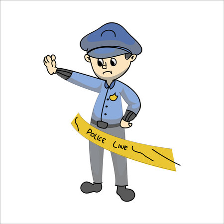 Cartoon policeman with yellow ribbon. Vector illustration on white background.のイラスト素材