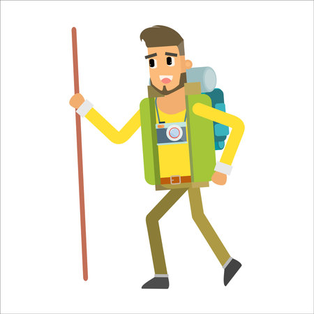Tourist man with backpack and camera. Vector illustration in flat styleのイラスト素材