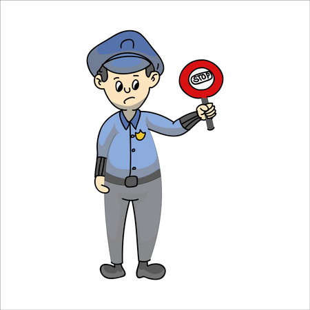 police man holding a stop sign. vector illustration in cartoon style.のイラスト素材