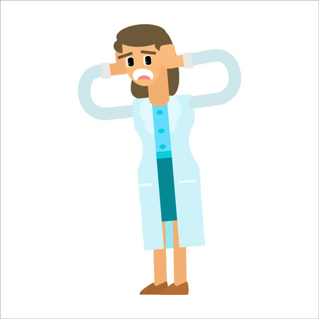 Cartoon doctor with headache. Vector illustration isolated on white background.のイラスト素材