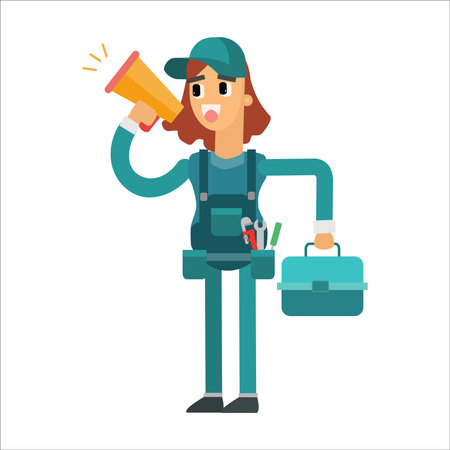 Worker with megaphone. Vector illustration in cartoon style.のイラスト素材