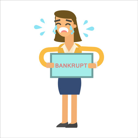 Woman holding a placard with the word Bankruptcy. Flat style vector illustration.のイラスト素材