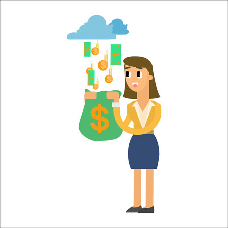 Businesswoman holding money bag. Vector illustration in a flat style.のイラスト素材