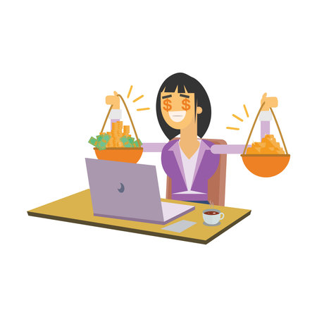 Business woman working with laptop. Vector illustration in flat design style.のイラスト素材