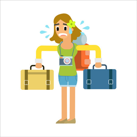 Crying woman with a lot of luggage. Vector flat illustration.のイラスト素材