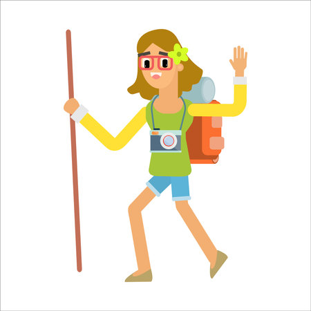 Tourist girl with backpack and binoculars. Vector illustration in flat styleのイラスト素材