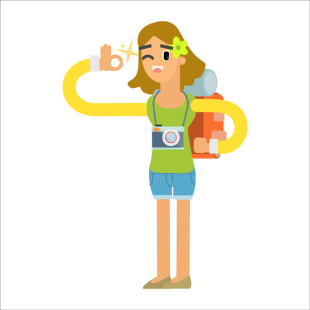 Traveler woman with camera and map. Vector illustration in flat styleのイラスト素材