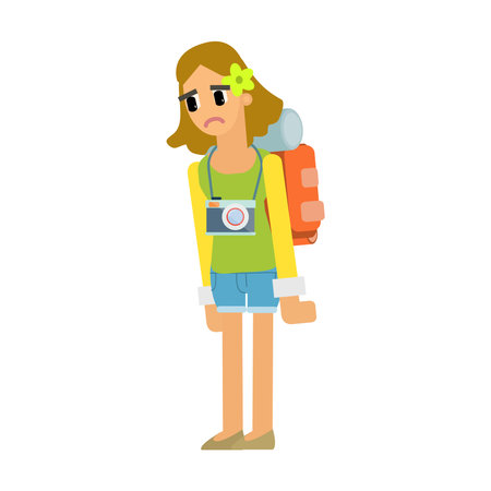 Tourist girl with camera and backpack. Vector illustration in flat styleのイラスト素材