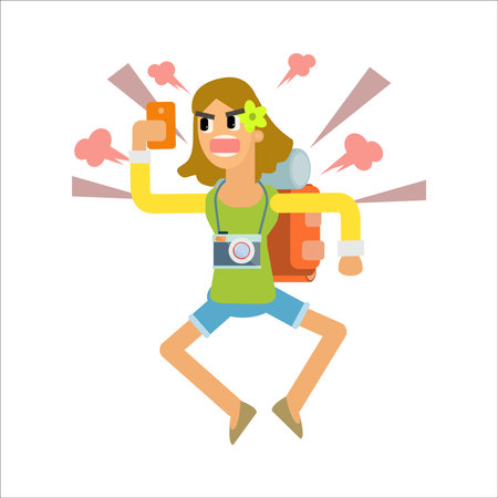 Happy girl jumping with mobile phone. Flat vector illustration isolated on white background.のイラスト素材