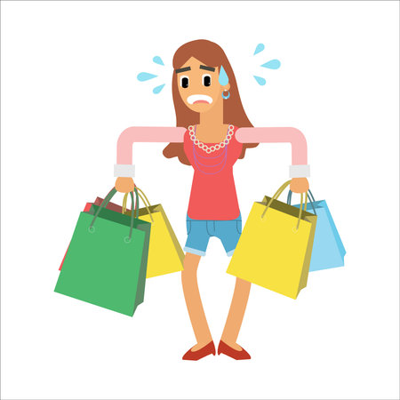 Girl with shopping bags. Vector illustration in flat style isolated on white background.のイラスト素材