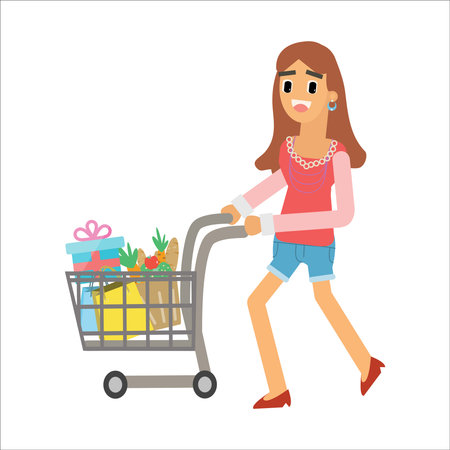 Cartoon woman with shopping cart full of groceries, vector illustration.のイラスト素材