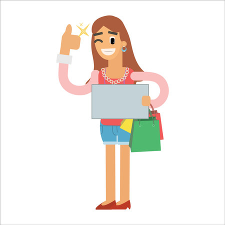 Girl with shopping bags and laptop. Vector illustration in cartoon style.のイラスト素材