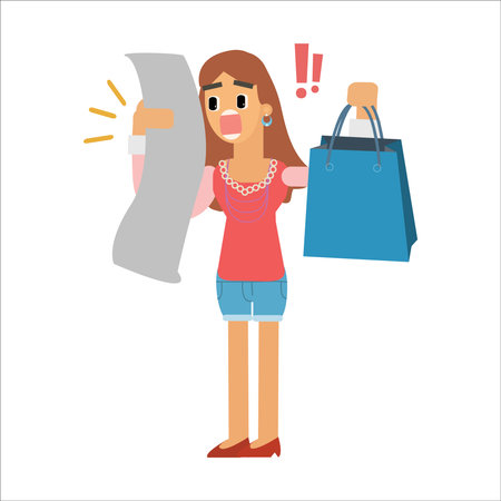 Woman with shopping bags and receipt. Vector illustration in flat style.のイラスト素材
