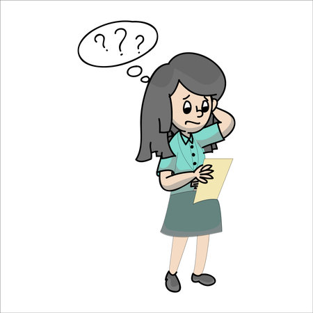 businesswoman with question mark, vector illustration in cartoon comic style.のイラスト素材