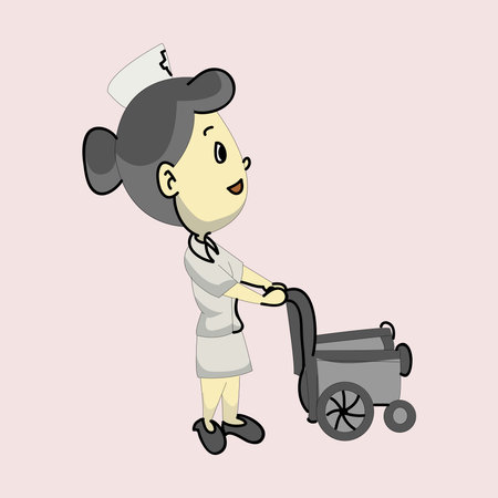 Cartoon nurse with a wheelbarrow on a pink background.のイラスト素材
