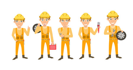 Mechanic character in an orange jumpsuit and yellow helmet. Poses include holding a tire, a wrench, giving a thumbs up, and holding a spark plugのイラスト素材