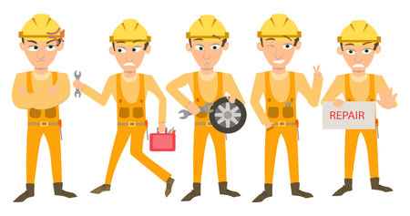 Mechanic illustrations showing movement and action. Poses include walking with a wrench, carrying a toolbox, holding a "REPAIR" sign, and presenting a spare partのイラスト素材