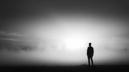 Silhouette of a man in the fog. Black and whiteの素材