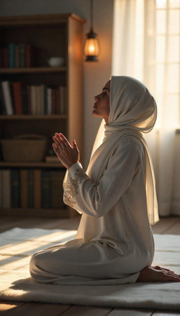 Beautiful Muslim woman in a white robe sitting on the floor and meditatingの写真素材