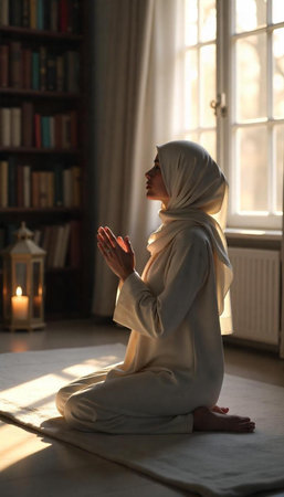 Muslim woman meditating in a room with a bookcase on the backgroundの写真素材
