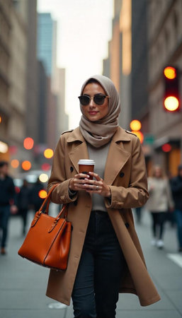 Young muslim woman in beige coat and sunglasses with coffee cup in the cityの写真素材