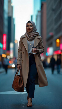 Young muslim woman wearing hijab walking with coffee cup in the cityの写真素材