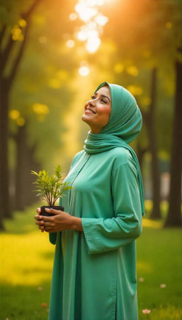 Muslim woman with green hijab holding a plant in a pot in the parkの写真素材