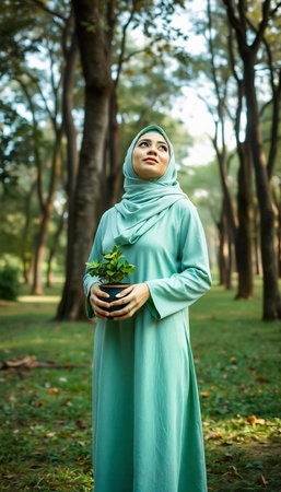 Hijab woman with green plant in the park. Concept of healthy lifestyle.の写真素材