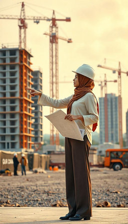 Architect woman in white helmet with blueprint on construction site background.の写真素材