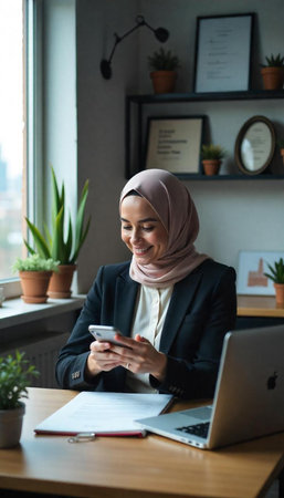 Young muslim businesswoman wearing hijab using mobile phone in cafe.の写真素材