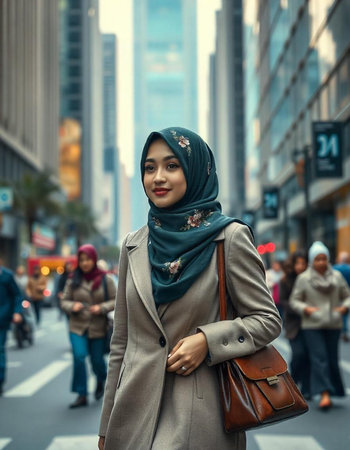 Young asian muslim woman wearing hijab walking in the city.の写真素材
