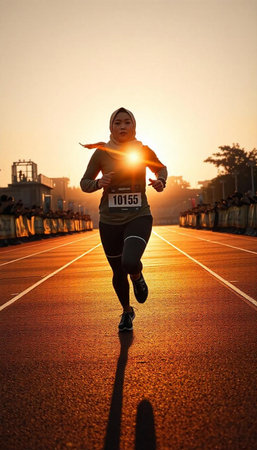 Runner athlete running on racetrack at sunset. Healthy lifestyle concept.の写真素材