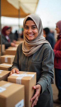 Portrait of smiling muslim woman holding boxes and looking at cameraの写真素材