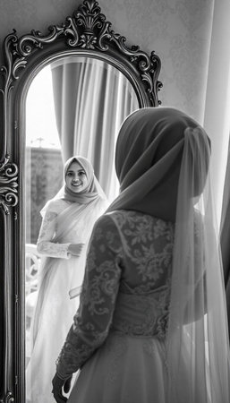 Hijab bride in front of the mirror. Black and white photo.の写真素材