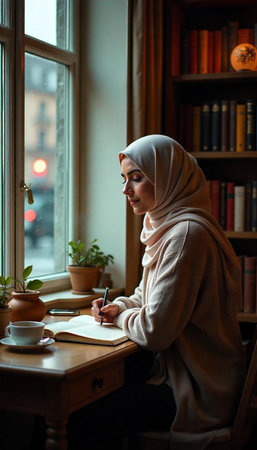Young muslim woman writing in notebook while sitting at table in cafeの写真素材