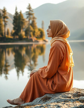 Portrait of a beautiful muslim woman in hijab sitting on the bank of a mountain lakeの写真素材
