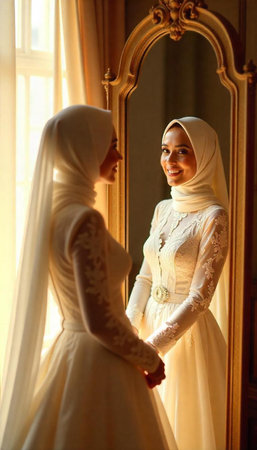 Bride in white wedding dress with veil looking at her reflection in mirrorの写真素材