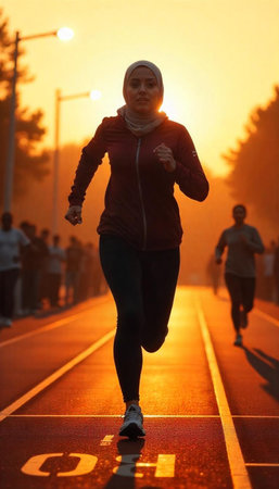 young healthy arabic woman jogging at sunrise on a trackの写真素材